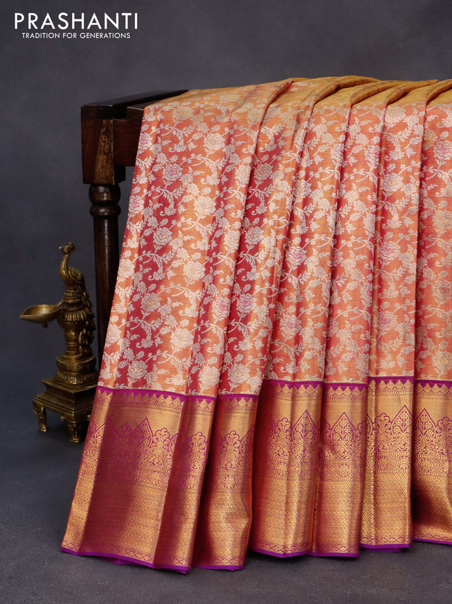 Kanchipuram tissue silk saree dual shade of pinkish gold and purple with allover silver zari woven brocade weaves and zari woven border