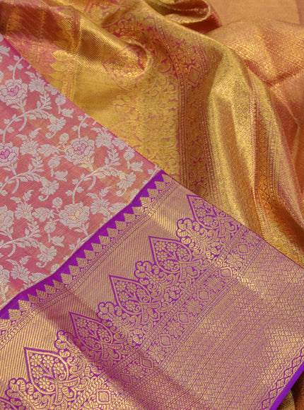 Kanchipuram tissue silk saree dual shade of pinkish gold and purple with allover silver zari woven brocade weaves and zari woven border