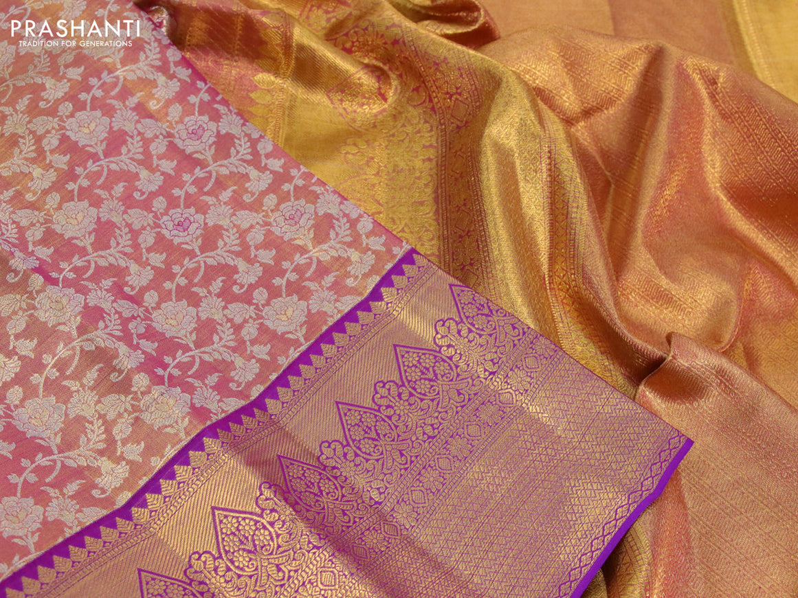 Kanchipuram tissue silk saree dual shade of pinkish gold and purple with allover silver zari woven brocade weaves and zari woven border