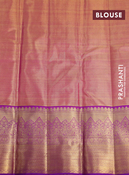 Kanchipuram tissue silk saree dual shade of pinkish gold and purple with allover silver zari woven brocade weaves and zari woven border