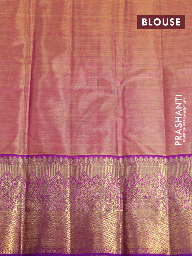 Kanchipuram tissue silk saree dual shade of pinkish gold and purple with allover silver zari woven brocade weaves and zari woven border