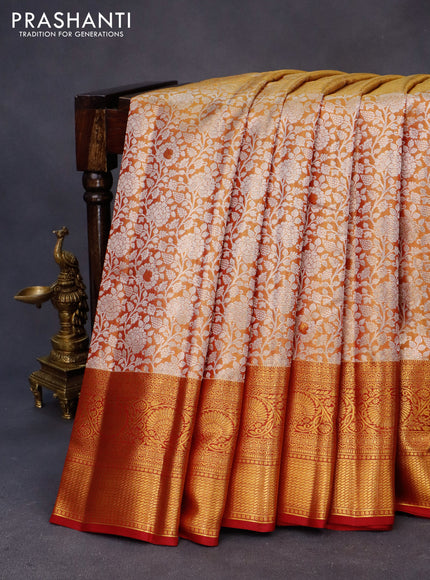 Kanchipuram tissue silk saree dual shade of gold and maroon with allover silver zari woven brocade weaves and zari woven border