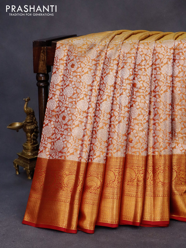 Kanchipuram tissue silk saree dual shade of gold and maroon with allover silver zari woven brocade weaves and zari woven border