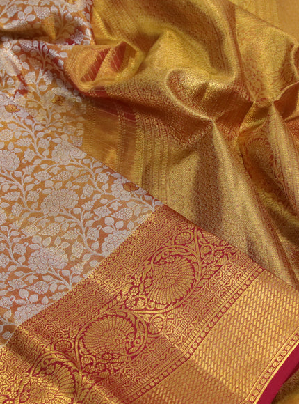 Kanchipuram tissue silk saree dual shade of gold and maroon with allover silver zari woven brocade weaves and zari woven border