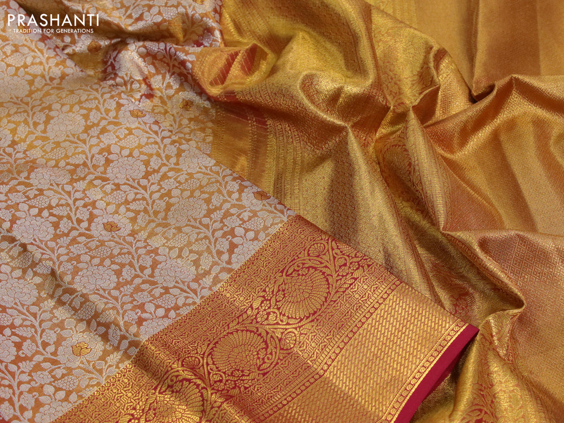 Kanchipuram tissue silk saree dual shade of gold and maroon with allover silver zari woven brocade weaves and zari woven border