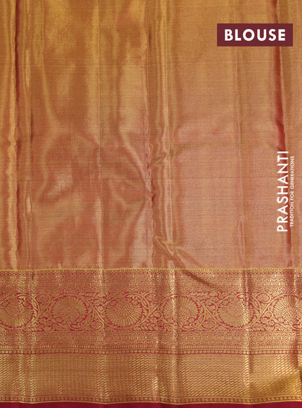 Kanchipuram tissue silk saree dual shade of gold and maroon with allover silver zari woven brocade weaves and zari woven border