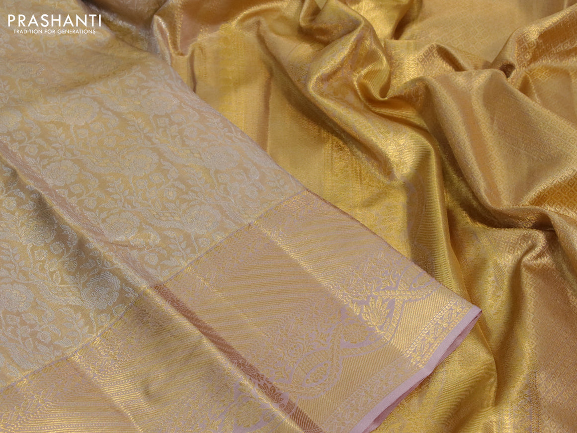 Kanchipuram tissue silk saree sandal with allover silver zari woven brocade weaves and zari woven border