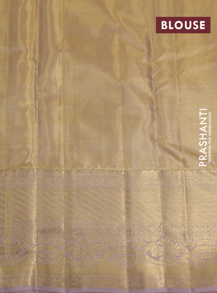 Kanchipuram tissue silk saree sandal with allover silver zari woven brocade weaves and zari woven border