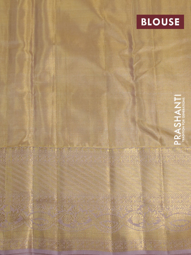 Kanchipuram tissue silk saree sandal with allover silver zari woven brocade weaves and zari woven border