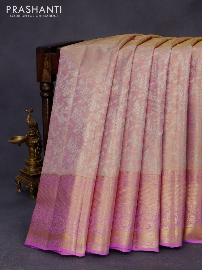 Kanchipuram tissue silk saree dual shade of gold and light pink with allover silver zari woven brocade weaves and zari woven border