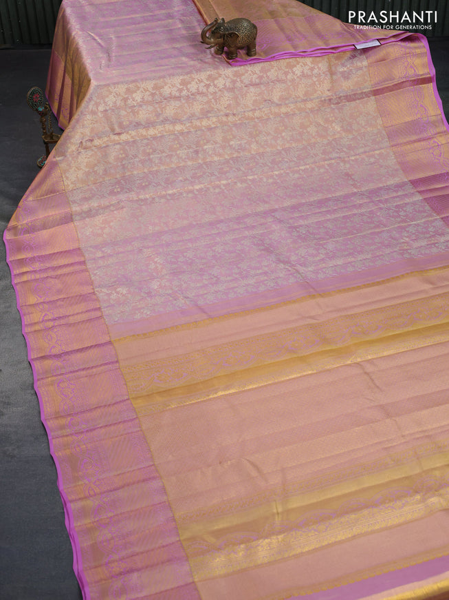 Kanchipuram tissue silk saree dual shade of gold and light pink with allover silver zari woven brocade weaves and zari woven border