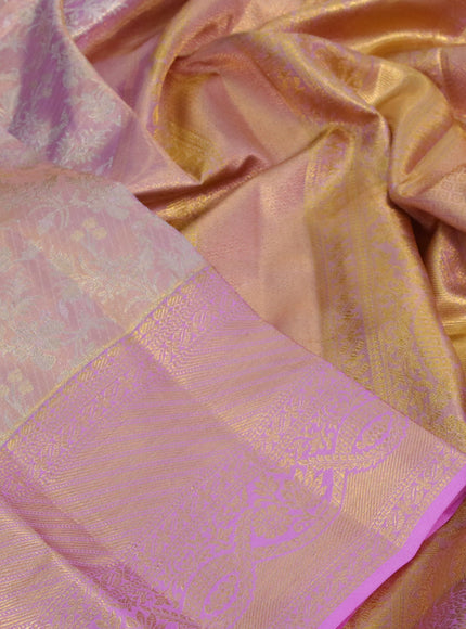 Kanchipuram tissue silk saree dual shade of gold and light pink with allover silver zari woven brocade weaves and zari woven border