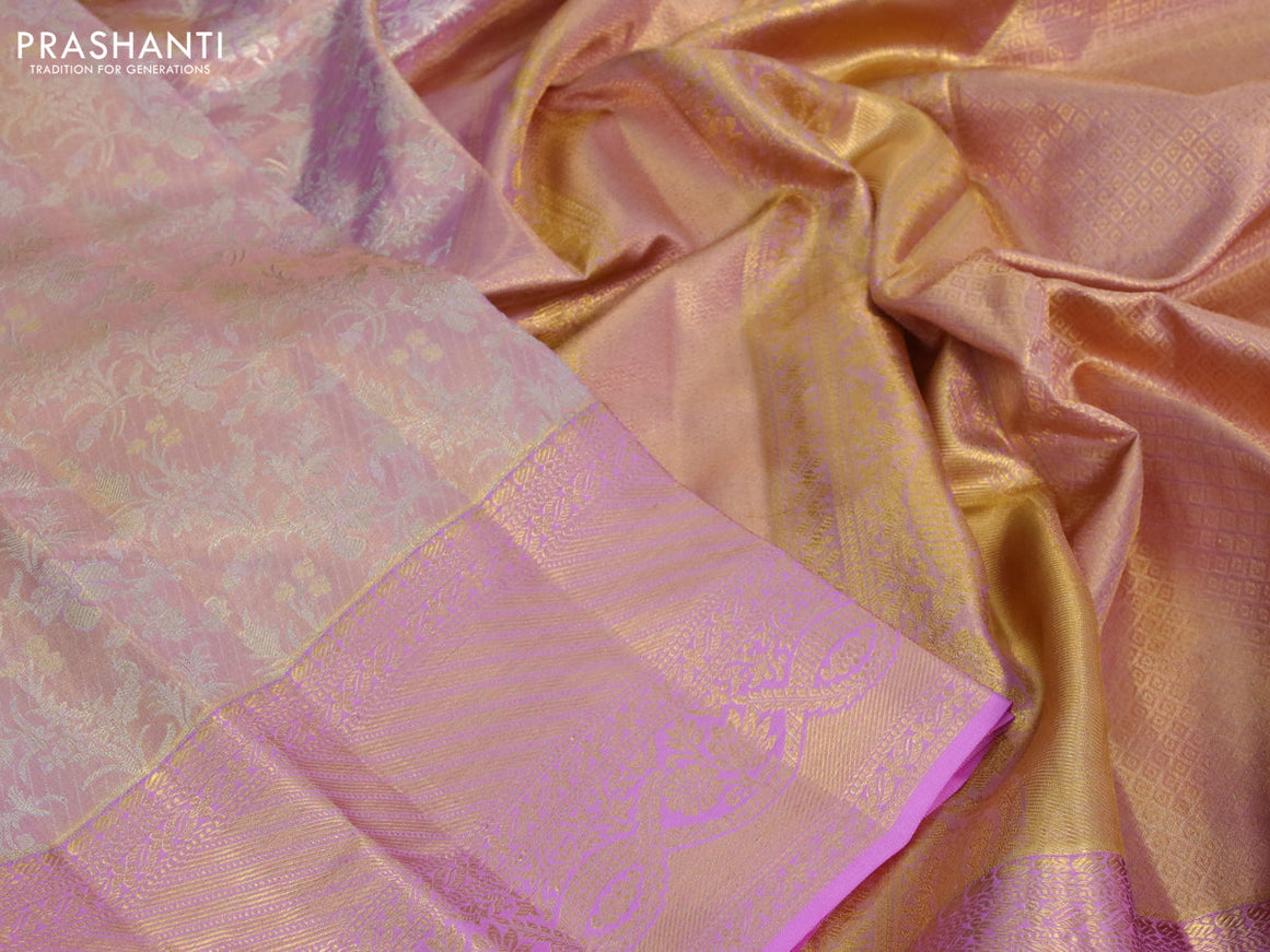 Kanchipuram tissue silk saree dual shade of gold and light pink with allover silver zari woven brocade weaves and zari woven border