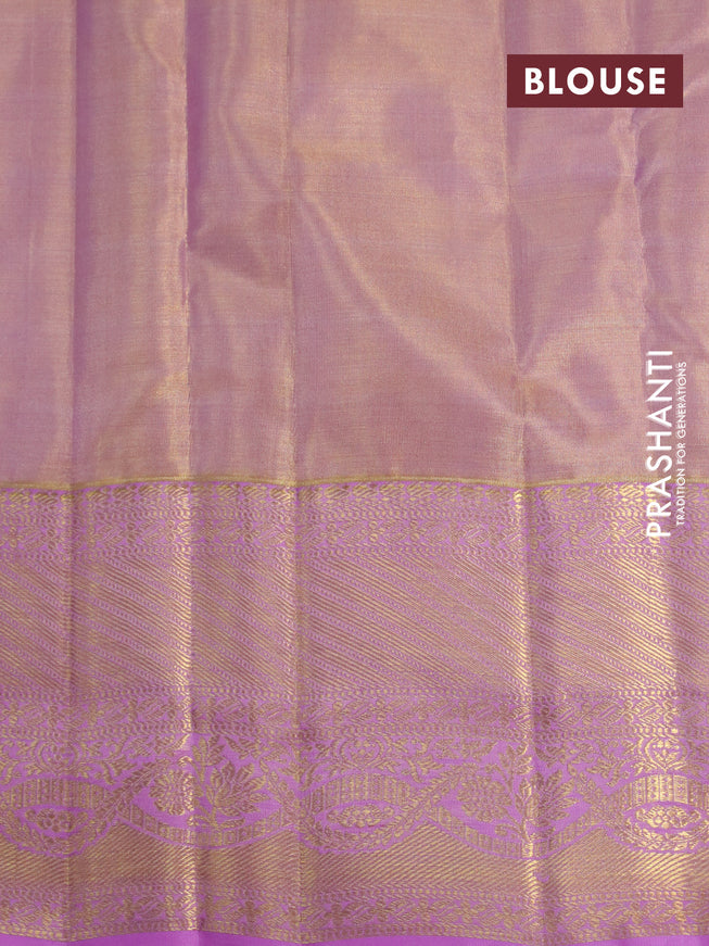 Kanchipuram tissue silk saree dual shade of gold and light pink with allover silver zari woven brocade weaves and zari woven border