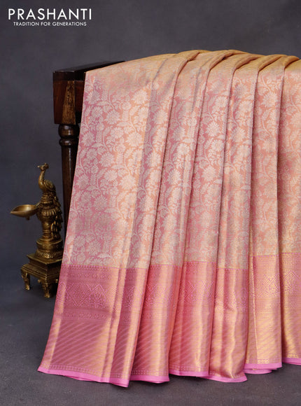 Kanchipuram tissue silk saree dual shade of light pink with allover silver zari woven brocade weaves and zari woven border