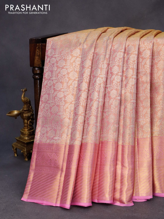 Kanchipuram tissue silk saree dual shade of light pink with allover silver zari woven brocade weaves and zari woven border