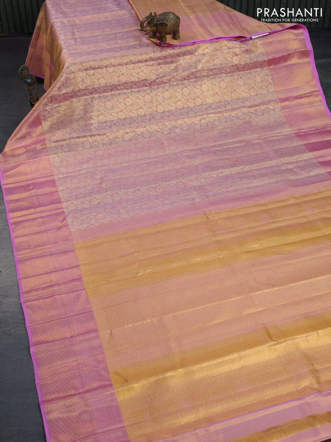 Kanchipuram tissue silk saree dual shade of light pink with allover silver zari woven brocade weaves and zari woven border