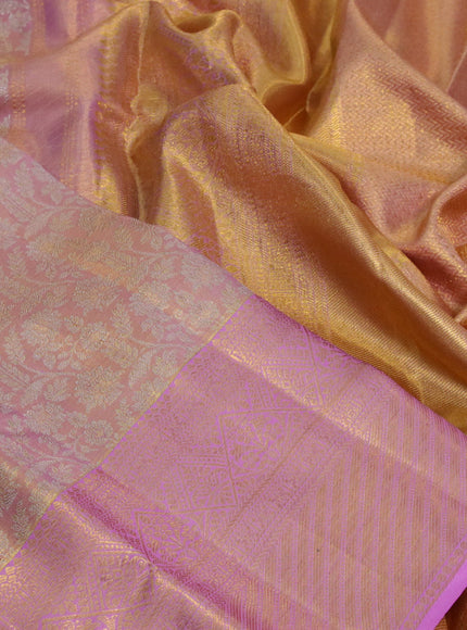 Kanchipuram tissue silk saree dual shade of light pink with allover silver zari woven brocade weaves and zari woven border