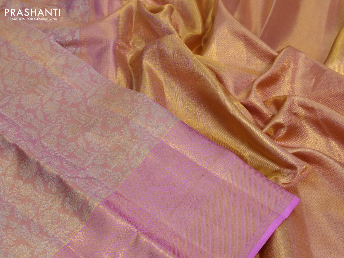 Kanchipuram tissue silk saree dual shade of light pink with allover silver zari woven brocade weaves and zari woven border