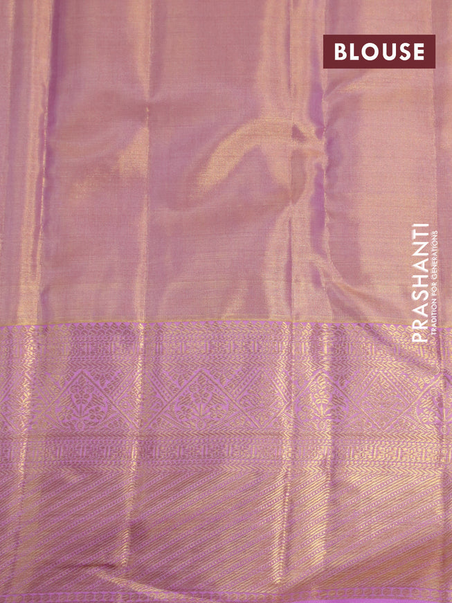 Kanchipuram tissue silk saree dual shade of light pink with allover silver zari woven brocade weaves and zari woven border