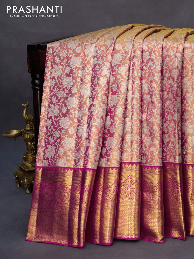 Kanchipuram tissue silk saree dual shade of gold and pink with allover silver zari woven brocade weaves and zari woven border