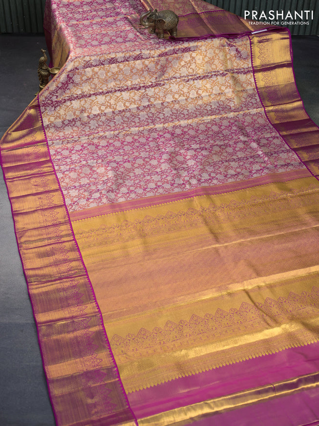 Kanchipuram tissue silk saree dual shade of gold and pink with allover silver zari woven brocade weaves and zari woven border