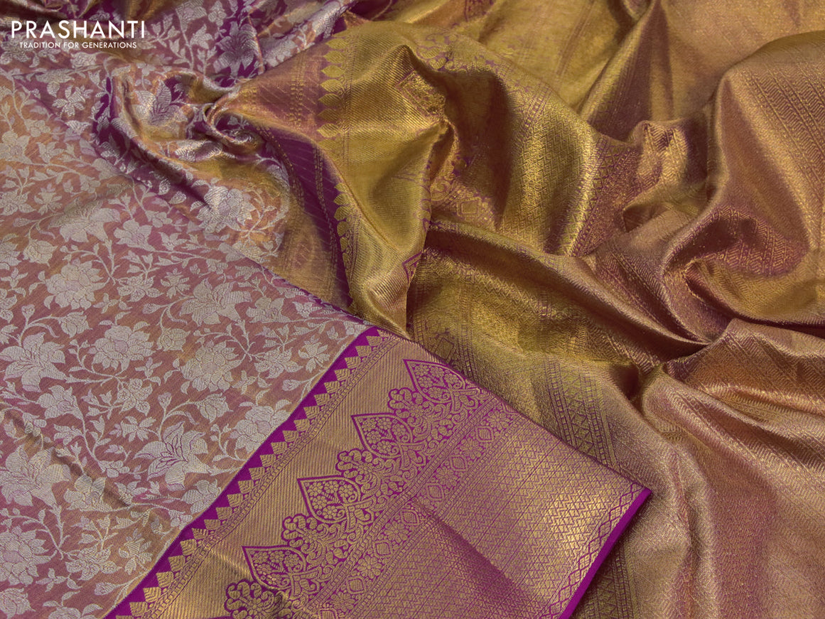 Kanchipuram tissue silk saree dual shade of gold and pink with allover silver zari woven brocade weaves and zari woven border