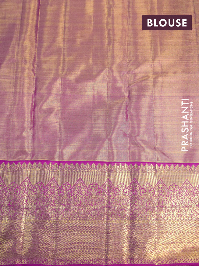 Kanchipuram tissue silk saree dual shade of gold and pink with allover silver zari woven brocade weaves and zari woven border