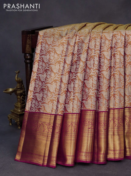 Kanchipuram tissue silk saree gold and pink with allover silver zari woven brocade weaves and zari woven border