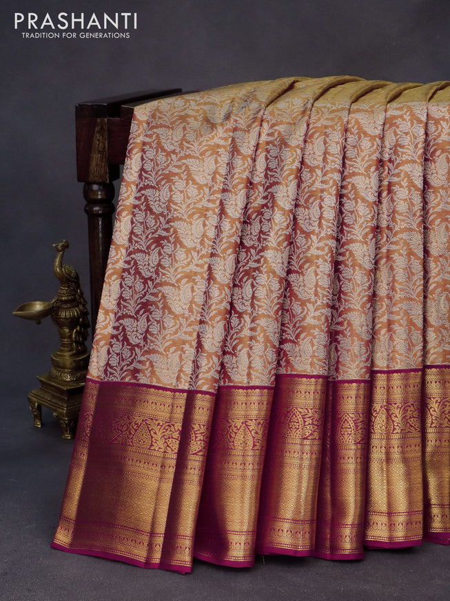 Kanchipuram tissue silk saree gold and pink with allover silver zari woven brocade weaves and zari woven border