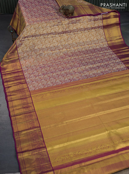 Kanchipuram tissue silk saree gold and pink with allover silver zari woven brocade weaves and zari woven border