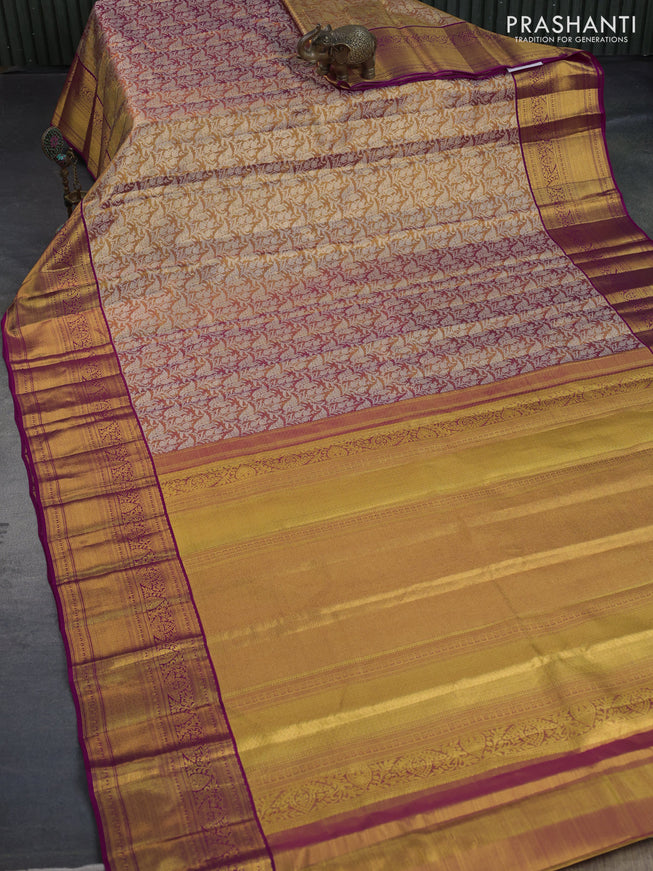 Kanchipuram tissue silk saree gold and pink with allover silver zari woven brocade weaves and zari woven border