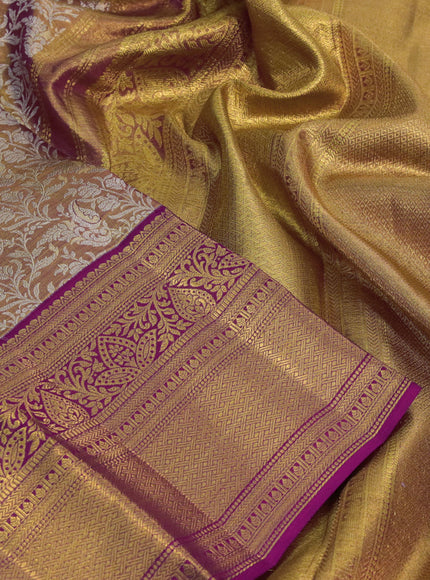 Kanchipuram tissue silk saree gold and pink with allover silver zari woven brocade weaves and zari woven border