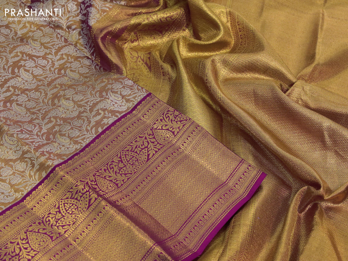 Kanchipuram tissue silk saree gold and pink with allover silver zari woven brocade weaves and zari woven border