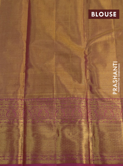 Kanchipuram tissue silk saree dual shade of gold and pink with allover zari woven brocade weaves and long zari woven border