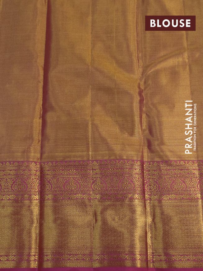 Kanchipuram tissue silk saree dual shade of gold and pink with allover zari woven brocade weaves and long zari woven border