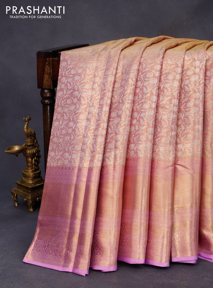 Kanchipuram tissue silk saree dual shade of gold and light pink with allover silver zari woven brocade weaves and long zari woven border