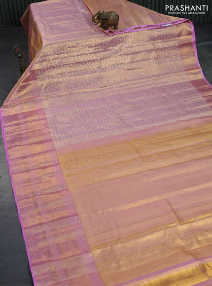 Kanchipuram tissue silk saree dual shade of gold and light pink with allover silver zari woven brocade weaves and long zari woven border