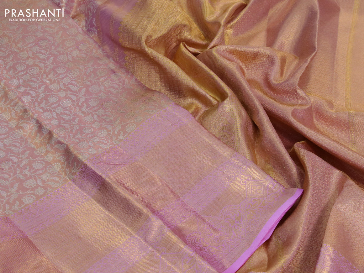 Kanchipuram tissue silk saree dual shade of gold and light pink with allover silver zari woven brocade weaves and long zari woven border