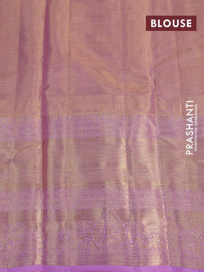 Kanchipuram tissue silk saree dual shade of gold and light pink with allover silver zari woven brocade weaves and long zari woven border