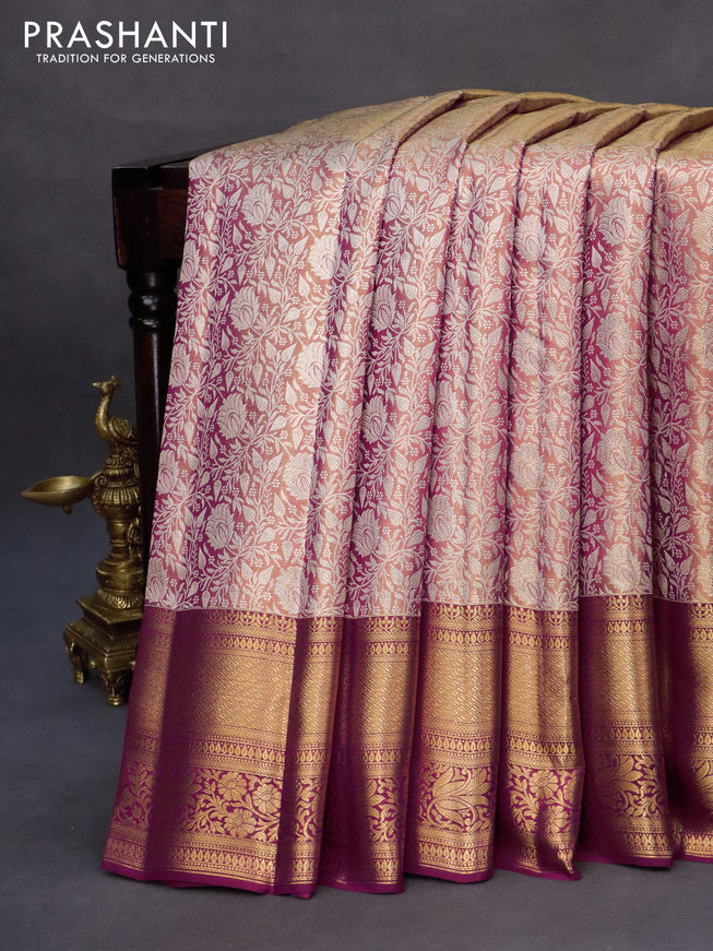 Kanchipuram tissue silk saree dual shade of gold and magenta pink with allover silver zari woven brocade weaves and long zari woven border