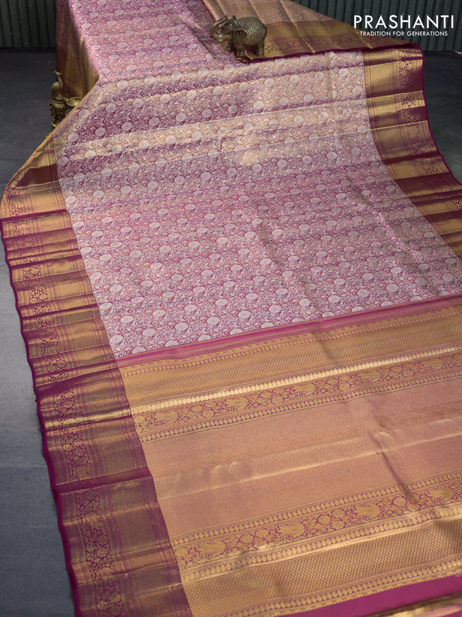 Kanchipuram tissue silk saree dual shade of gold and magenta pink with allover silver zari woven brocade weaves and long zari woven border