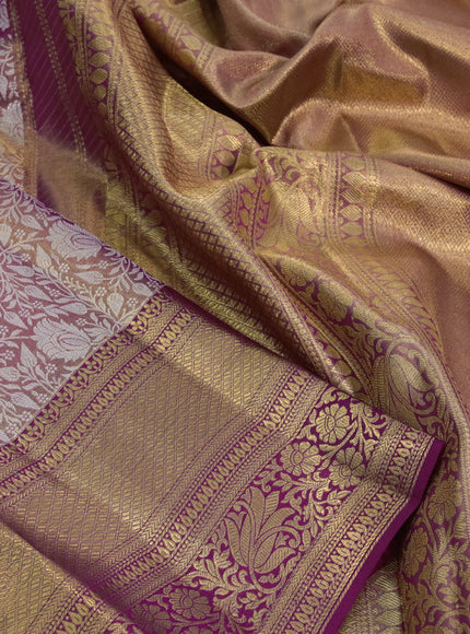 Kanchipuram tissue silk saree dual shade of gold and magenta pink with allover silver zari woven brocade weaves and long zari woven border