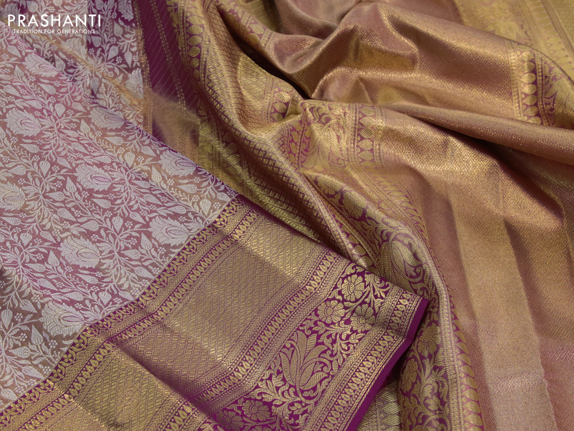 Kanchipuram tissue silk saree dual shade of gold and magenta pink with allover silver zari woven brocade weaves and long zari woven border