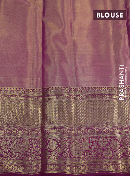 Kanchipuram tissue silk saree dual shade of gold and magenta pink with allover silver zari woven brocade weaves and long zari woven border