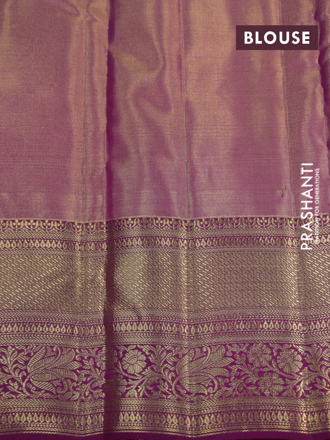 Kanchipuram tissue silk saree dual shade of gold and magenta pink with allover silver zari woven brocade weaves and long zari woven border