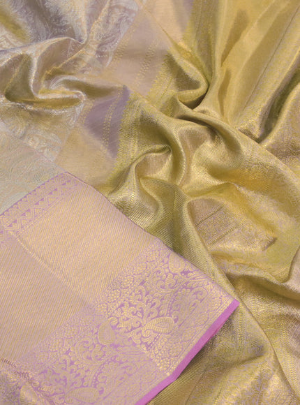 Kanchipuram tissue silk saree dual shade of gold and light pink with allover silver zari woven brocade weaves and long zari woven border