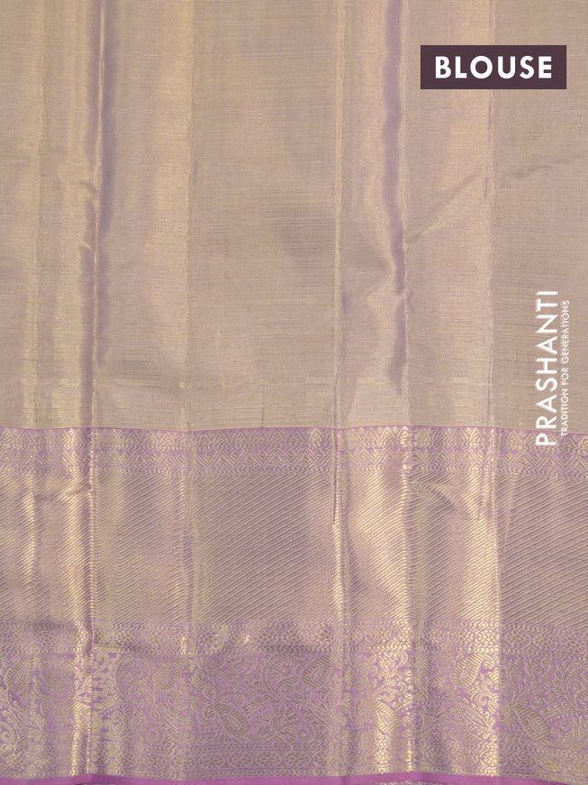 Kanchipuram tissue silk saree dual shade of gold and light pink with allover silver zari woven brocade weaves and long zari woven border