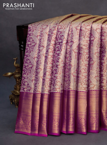 Kanchipuram tissue silk saree dual shade of gold and pink with allover silver zari woven brocade weaves and long zari woven border