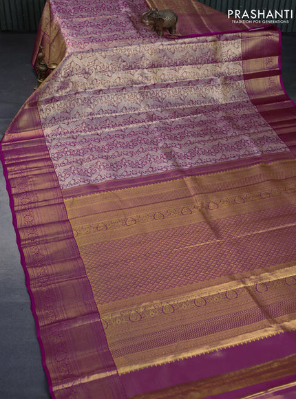 Kanchipuram tissue silk saree dual shade of gold and pink with allover silver zari woven brocade weaves and long zari woven border